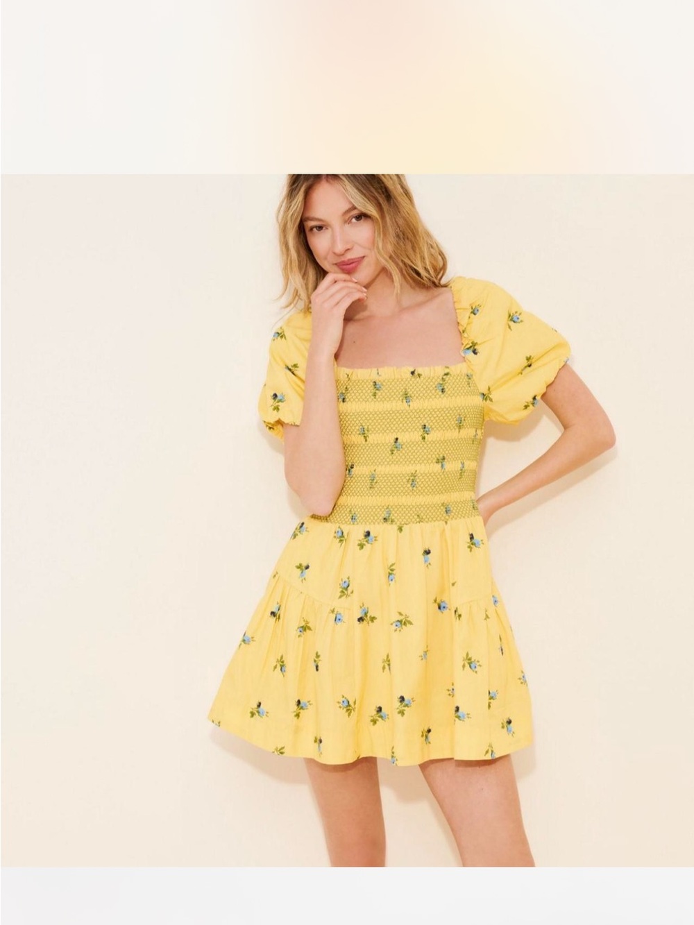 Anthropologie Yellow Floral Smocked Mini Dress